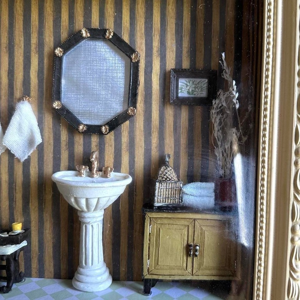 Miniature Bathroom Diorama Shadow Box with Cream Frame - Picture 2 of 8